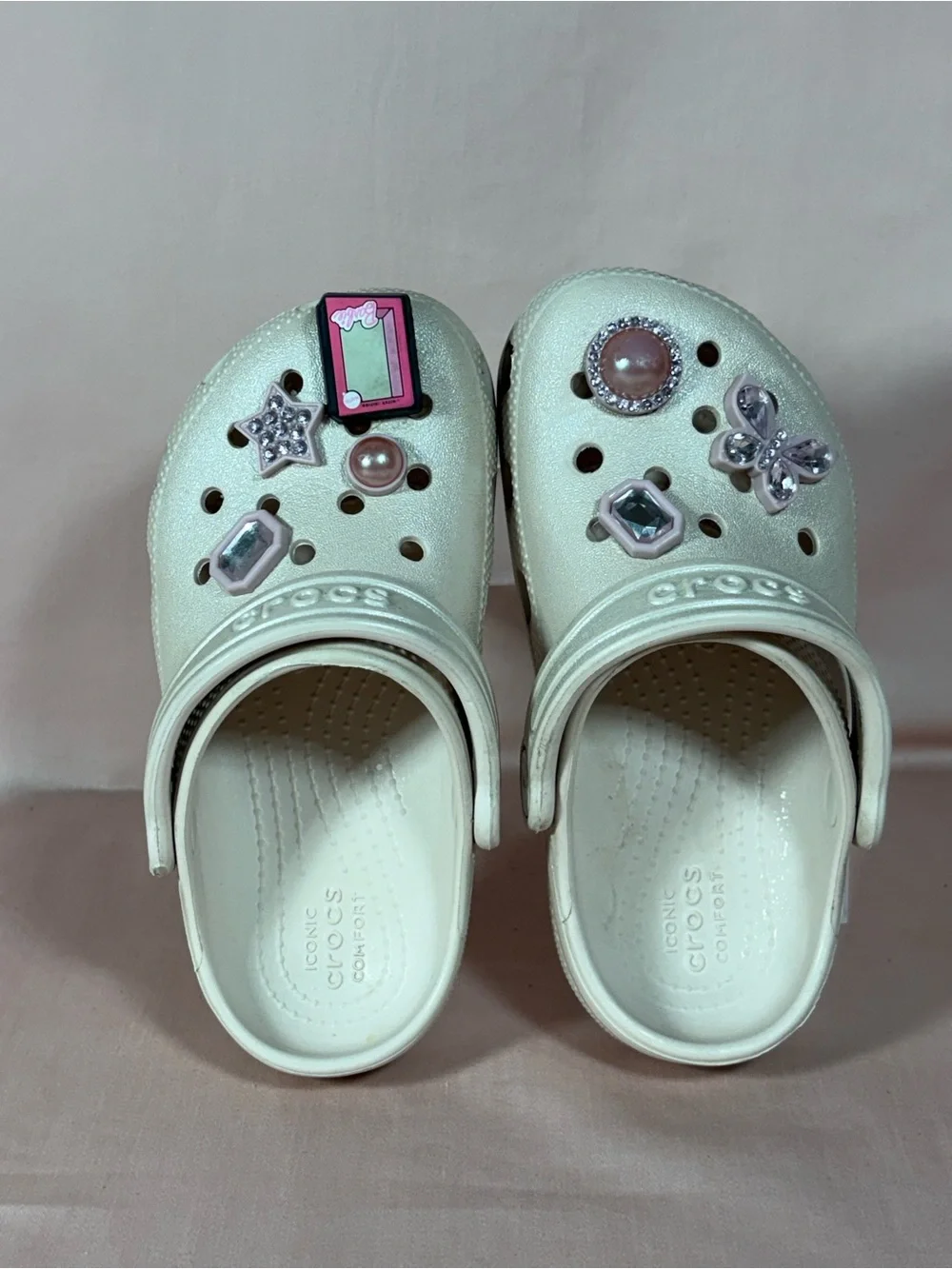 CROCS Kids Cream Color Iconic Comfort Clogs With, Jibbitz Size C11